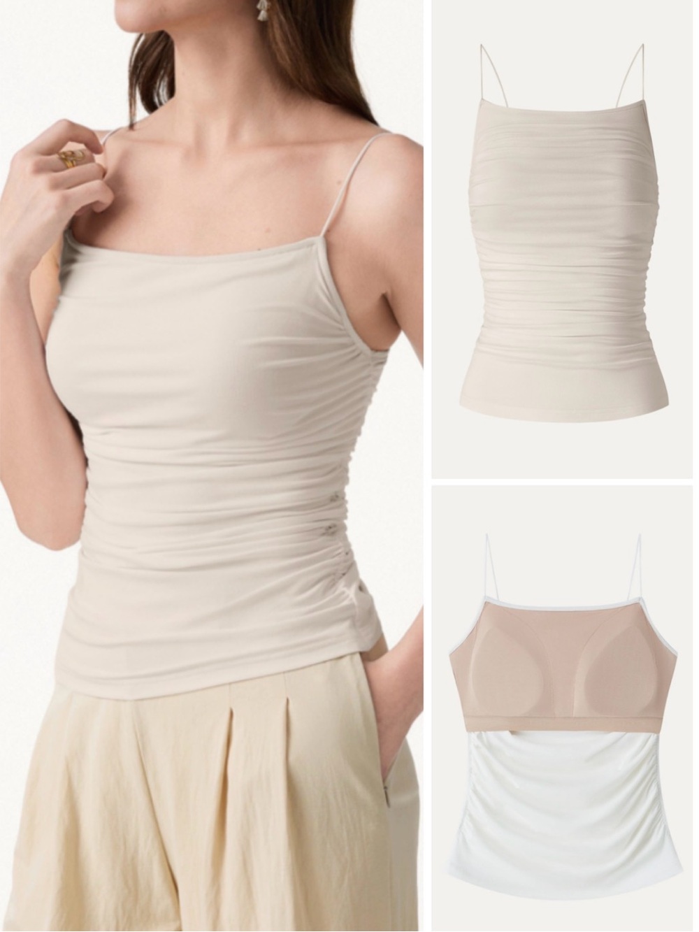 OGL Eco-SkinKiss Square Neck Ruched Spaghetti Bra Top in Fog/Beige sz S NWT